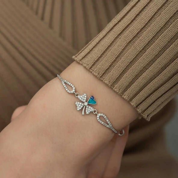 925 Ayar Gümüş Nazarlı Yonca Bileklik - Resim 3