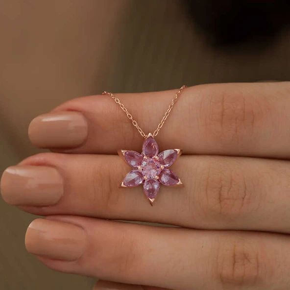 925 Ayar Gümüş Pembe Çiçek Kadın Gümüş Kolye - Resim 3