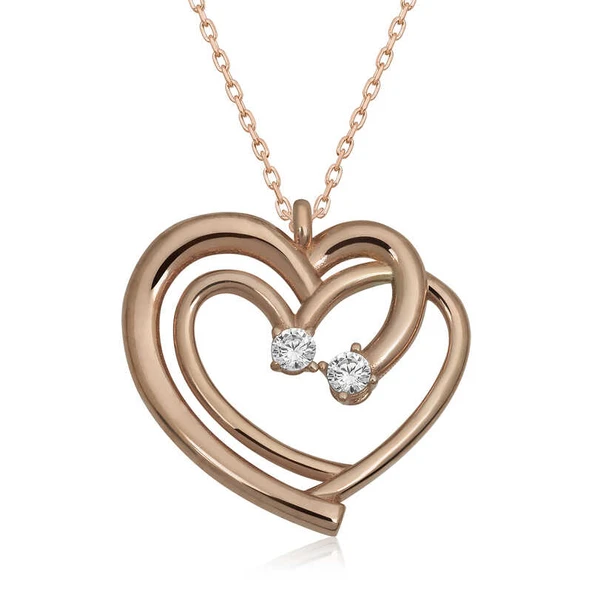 925 Ayar Gümüş Rose Birleşmiş Kalpler Kadın Kolye ürün görseli 1