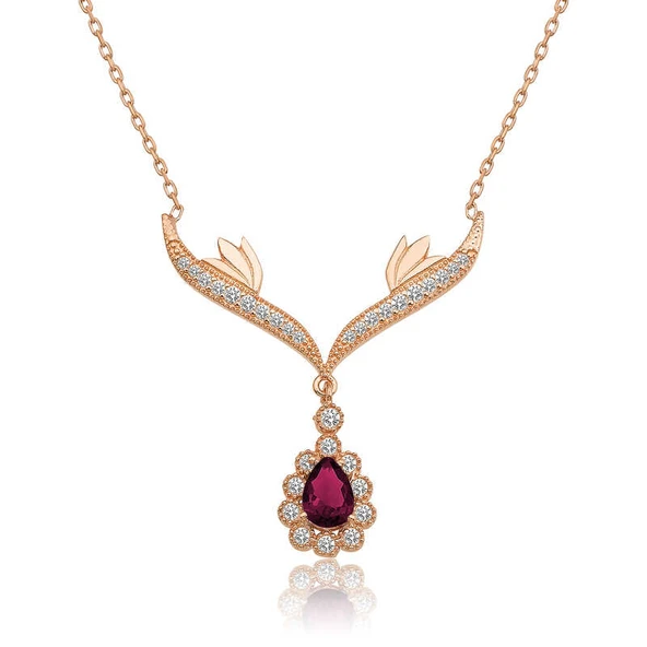 925 Ayar Gümüş Rose Kırmızı Taşlı Madalyon Kadın Gümüş Kolye - Resim 2