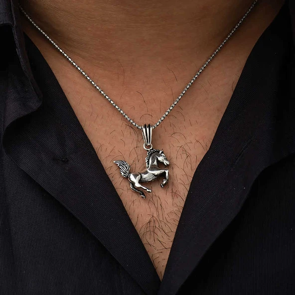 ​925 Ayar Gümüş Şahlanmış At Gümüş Kolye - Resim 2