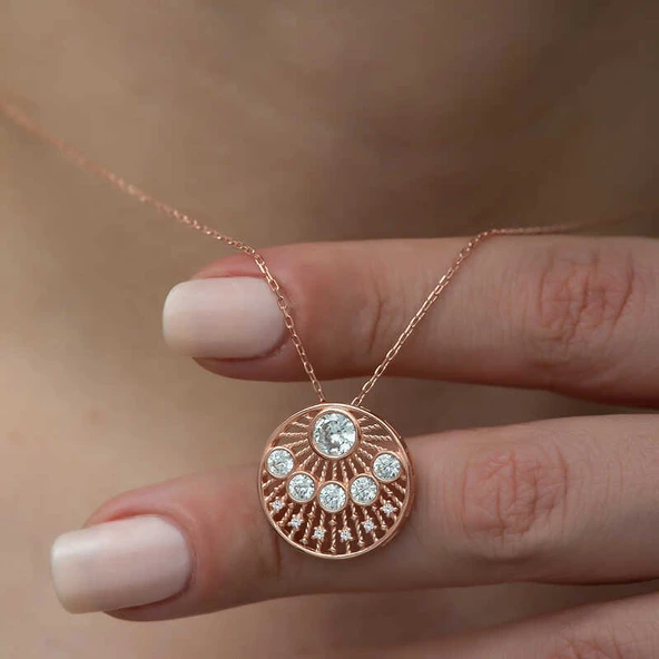 925 Ayar Gümüş Etnik Desenli Rose Kadın Gümüş Kolye - Resim 3