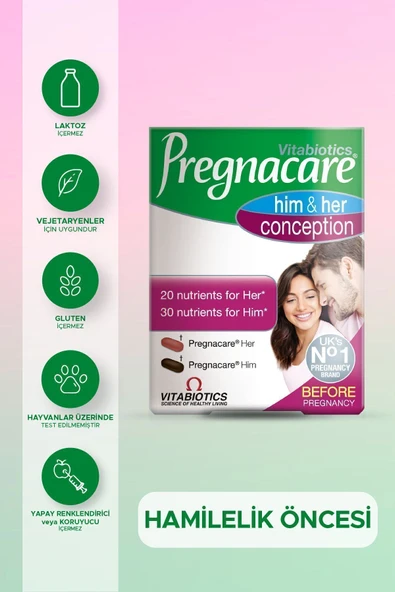 Vitabiotics Pregnacare Folik Asit,Sibirya Ginsengi,Demir,Magnezyum İçeren Hamilelik Öncesi Kadın ve Erkek Destek Vitamini