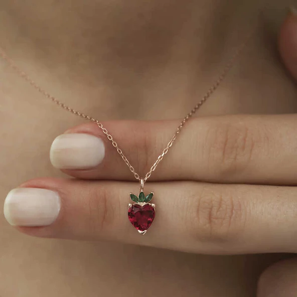 ​925 Ayar Gümüş Rose Çilek Figür Meyve Kolye - Resim 3