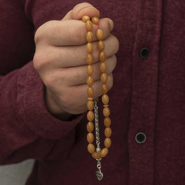 Gümüş Püskül Arpa Sıkma Kehribar Tesbih - Resim 3