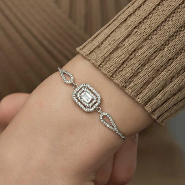 925 Ayar ​Gümüş Dikdörtgen Baget Bileklik - Resim 3