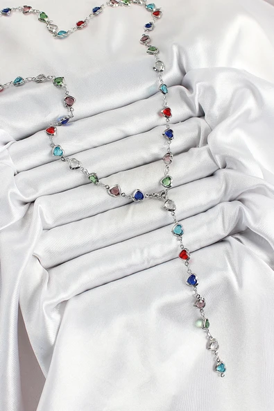 Pirinç Gümüş Renk Karışık Renk Zirkon Taşlı Kalpli Y Kadın Kolye