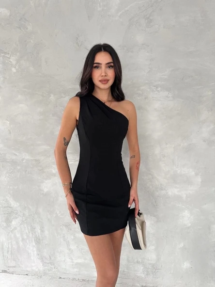 Tek Omuzlu Kolsuz Mini Boy Elbise - Siyah - 2