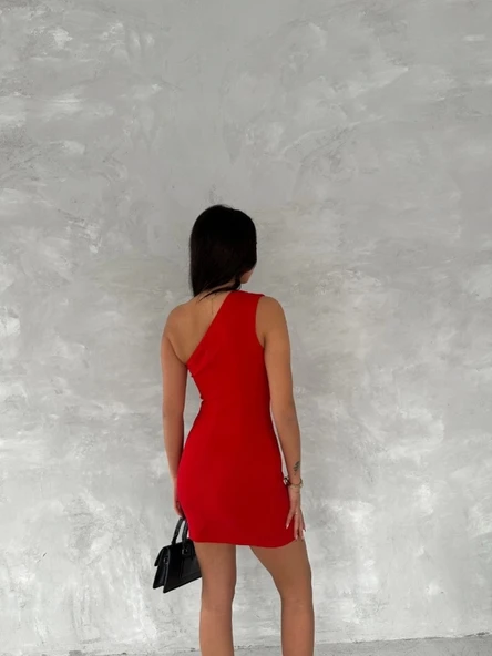 Tek Omuzlu Kolsuz Mini Boy Elbise - Kırmızı - 2