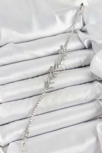 Pirinç Gümüş Renk Zirkon Taşlı Balık Sırtı Kadın Bileklik - 2