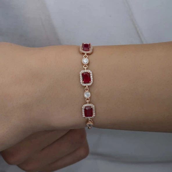 925 Ayar Gümüş Rose Baget Kırmızı Taşlı Kadın Bileklik - Resim 2