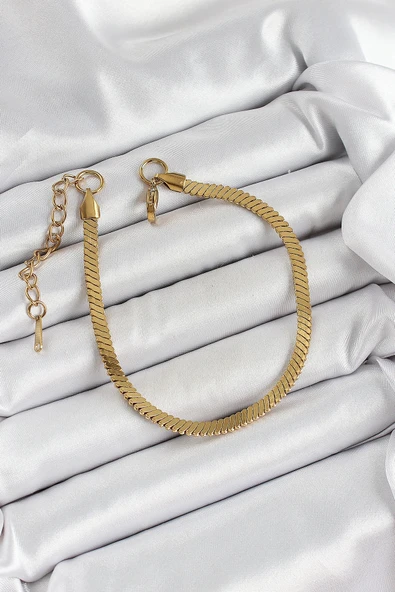 316L Çelik Gold Renk Yassı Zincir Model Kadın Bileklik - 2