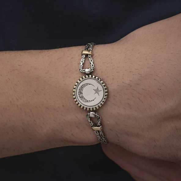 925 Ayar Gümüş Ay Yıldız Erkek Bileklik ürün görseli 1