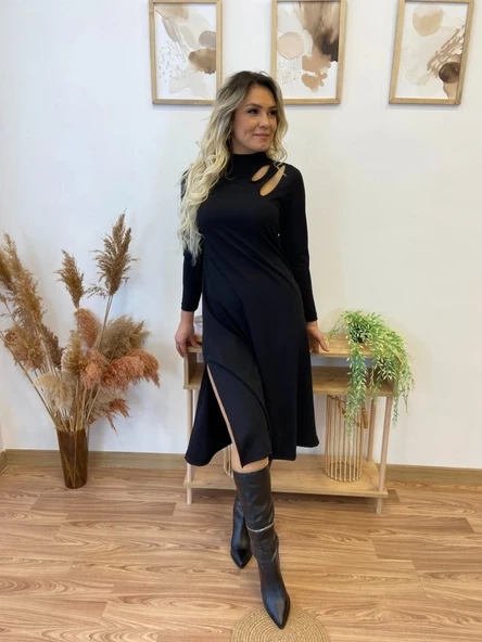 Kadın Uzun Kollu Balıkçı Yaka Omuzda Damla Detaylı Yırtmaçlı Krep Midi Elbise - 4