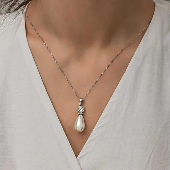 Gümüş Damla İnci Kadın Kolye - Resim 5