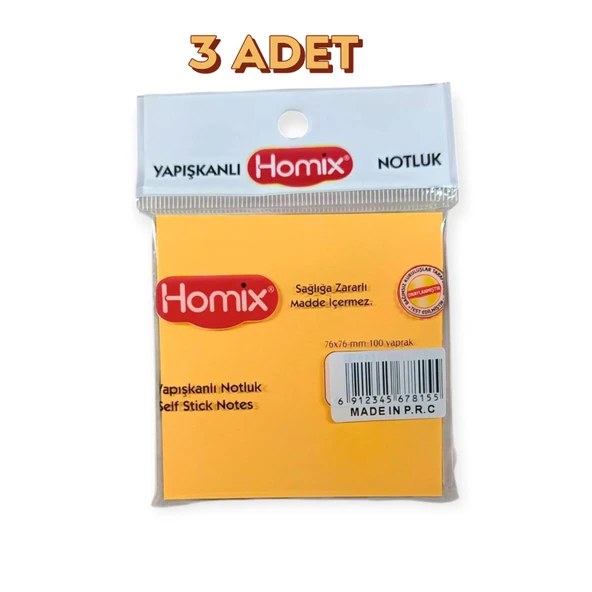 Homix 3 ADET Yapışkanlı Notluk 76 x 76 cm Neon Renkler 100 Yp