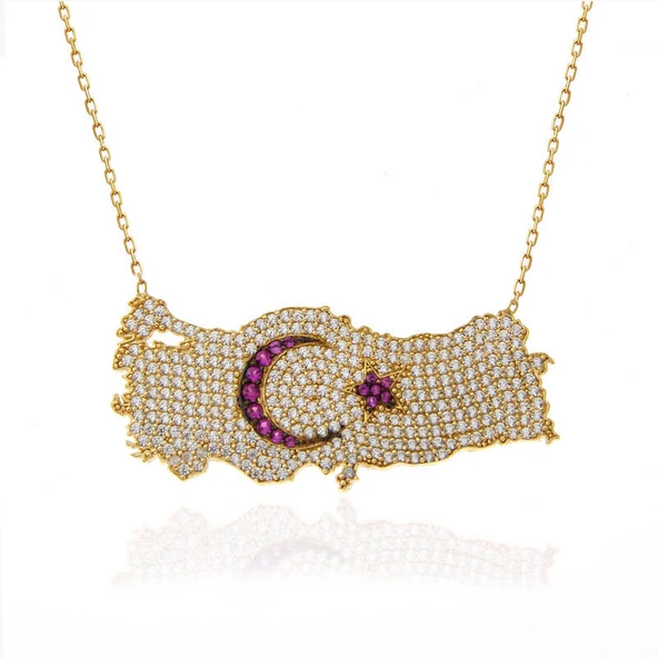 925 Ayar Gümüş Gold Ay Yıldız Türkiye Haritası Kadın Kolye - Resim 3