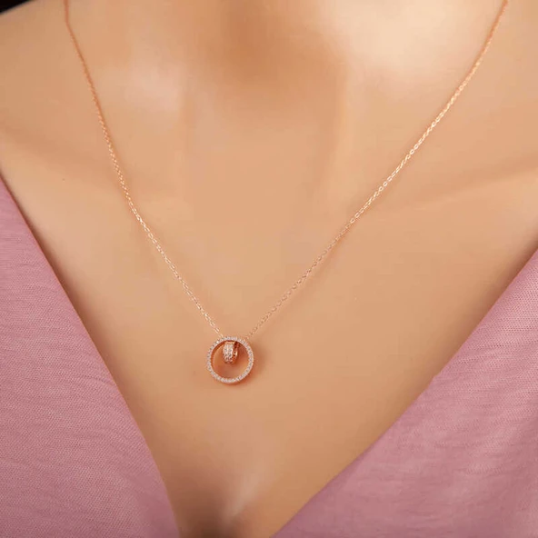 925 Ayar Gümüş Rose İç İçe Geçmiş Halka Kadın Kolye ürün görseli 1