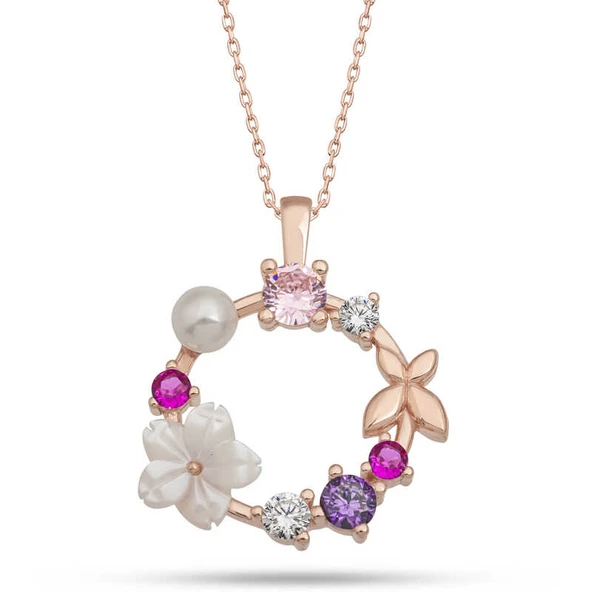 925 Ayar Gümüş Rose Manolya Çiçeği Kelebek Kadın Kolye ürün görseli 1