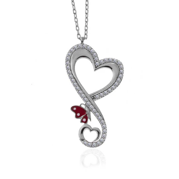 925 Ayar Gümüş Kalpli Kelebek Kadın Kolye ürün görseli 1