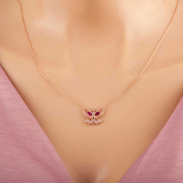 925 Ayar Gümüş Rose Kelebek Kadın Kolye ürün görseli 1