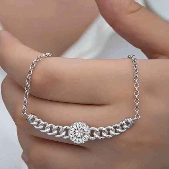 Gümüş Gurmet Zincirli Yuvarlak Baget Taşlı Kadın Kolye ürün görseli 1