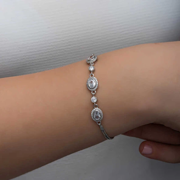 925 Ayar Gümüş Oval Taşlı Kadın Bileklik - Resim 4