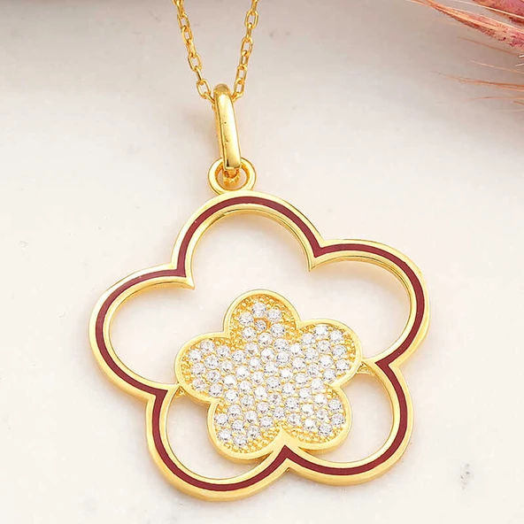 ​925 Ayar Gümüş Gold Çiçek Desenli Kadın Kolye ürün görseli 1