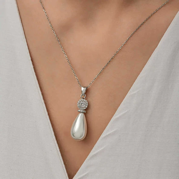 925 Ayar Gümüş Damla İnci Kadın Kolye - Resim 5