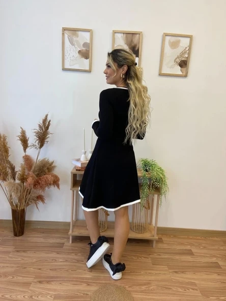 Kadın Uzun Kollu Derin Yuvarlak Yakalı Kısa Viskon Iki Iplik Elbise - 5