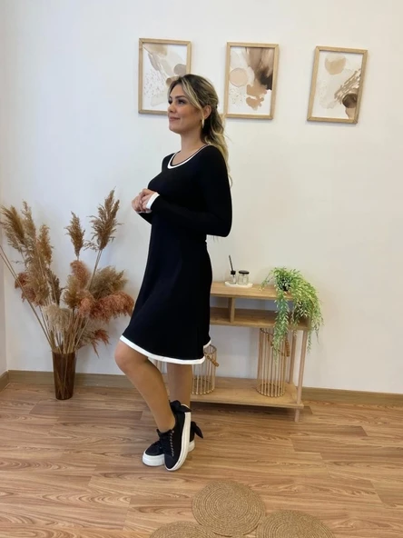 Kadın Uzun Kollu Derin Yuvarlak Yakalı Kısa Viskon Iki Iplik Elbise - 2