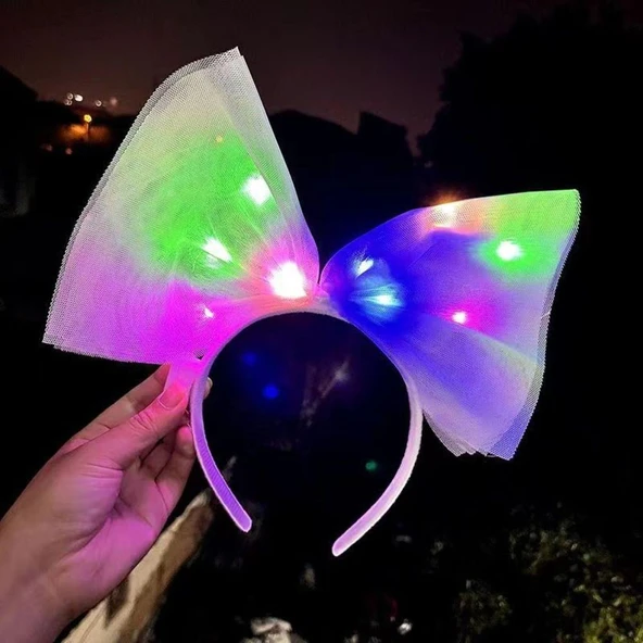 Rengarenk Led Işıklı Fiyonk Şekilli Tül Parti Tacı Beyaz Renk 25x25 cm - 2