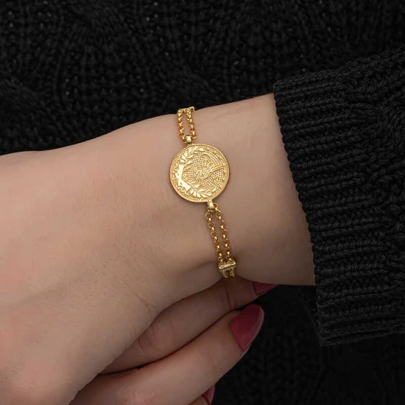 925 Ayar Gümüş Gold Kaplama Tuğralı Kadın Bileklik - Resim 3