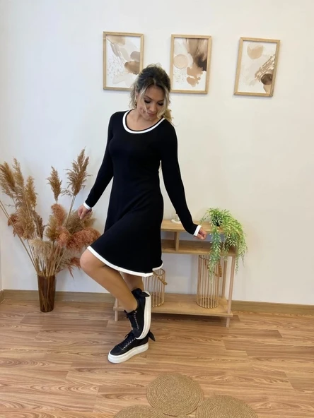 Kadın Uzun Kollu Derin Yuvarlak Yakalı Kısa Viskon Iki Iplik Elbise - 6