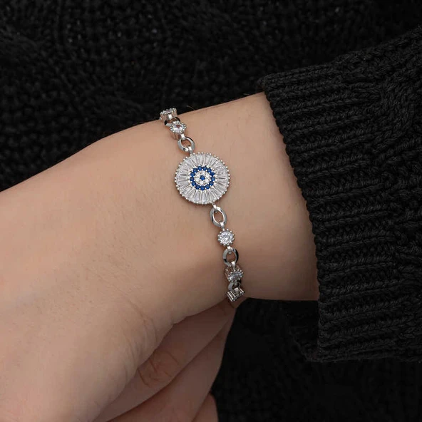 ​925 Ayar Gümüş Baget Taşlı Nazar Kadın Bileklik - Resim 3