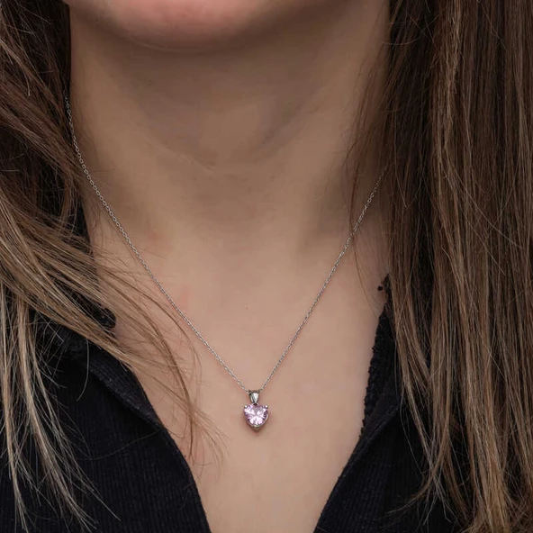 Gümüş Pembe Taşlı Kalpli Kadın Kolye - Resim 3