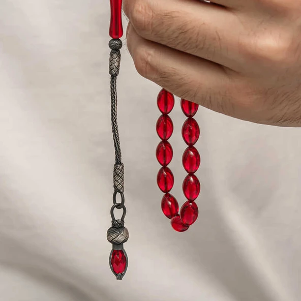 Gümüş 1000 Ayar Kazaz Püsküllü Sıkma Kehribar Tesbih - Resim 3