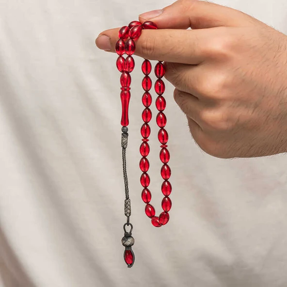 Gümüş 1000 Ayar Kazaz Püsküllü Sıkma Kehribar Tesbih - Resim 4