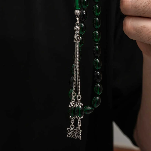 Gümüş Püskül Sıkma Kehribar Tesbih - Resim 4