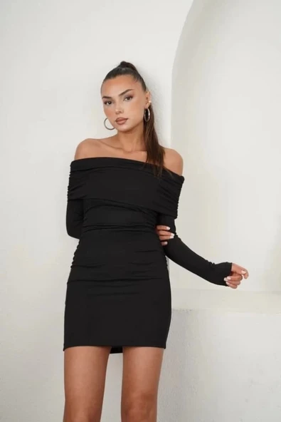 Kadın Madonna Mendil Yaka Fırsat ürün Büzgülü Mini Elbise - 8