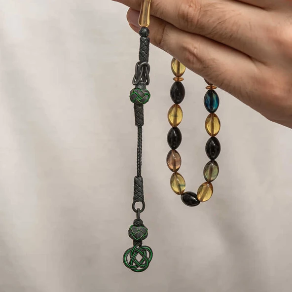 Gümüş Kazaz Püsküllü Sıkma Kehribar Tesbih - Resim 3