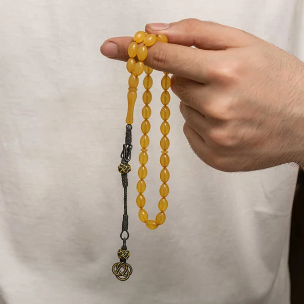 Gümüş Kazaz Püsküllü Sıkma Kehribar Tesbih - Resim 4