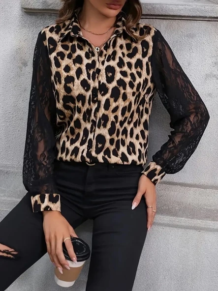 Kadın Leopar Desenli Kolları Tül Detaylı Krep Bluz - 3