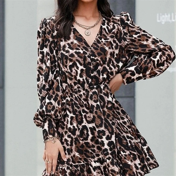 Kadın Uzun Kollu Beli Lastikli Etek Ucu Volanlı Leopar Desen Krep Elbise - 3