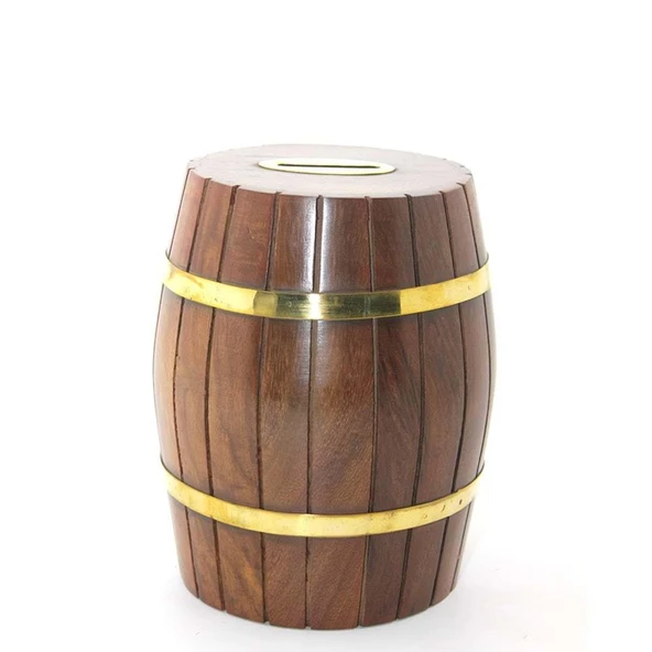 Pirinç Ahşap Fıçı Kumbara 15 Cm - Resim 2