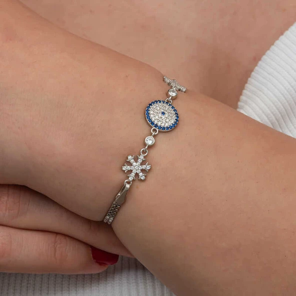 Gümüş Nazarlı Kar Tanesi Kadın Bileklik - Resim 5