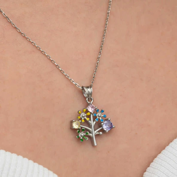 Gümüş Renkli Hayat Ağacı Kadın Kolye - Resim 4