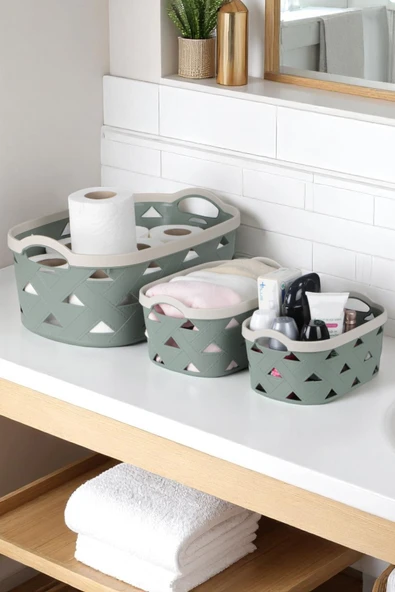 3lü Dekoratif Deri Görünüm Dolap İçi Düzenleyici Saklama Kutusu Mutfak Banyo Organizer Sepet Yeşil - 3