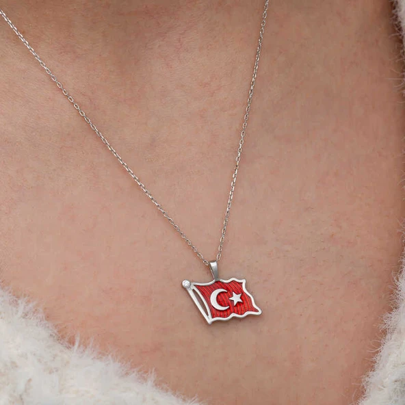 Gümüş Türk Bayrağı Kadın Kolye - Resim 3