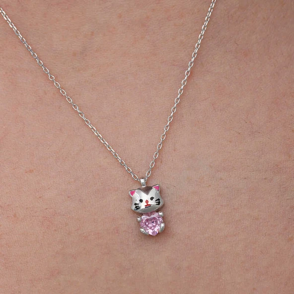 Gümüş Pembe Taşlı Sevimli Kedi Kadın Kolye - Resim 4